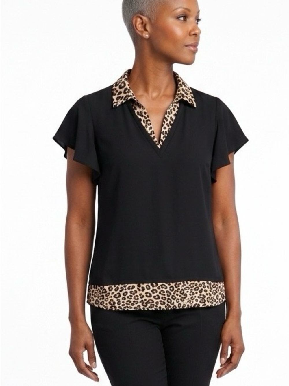 Adrianna Papell Black Top with Leopard-Print Collar & Hem